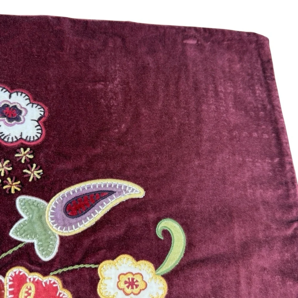 Pottery Barn Embroidered Fall Pillow Cover Velvet Floral 18x18 CottageCore Red